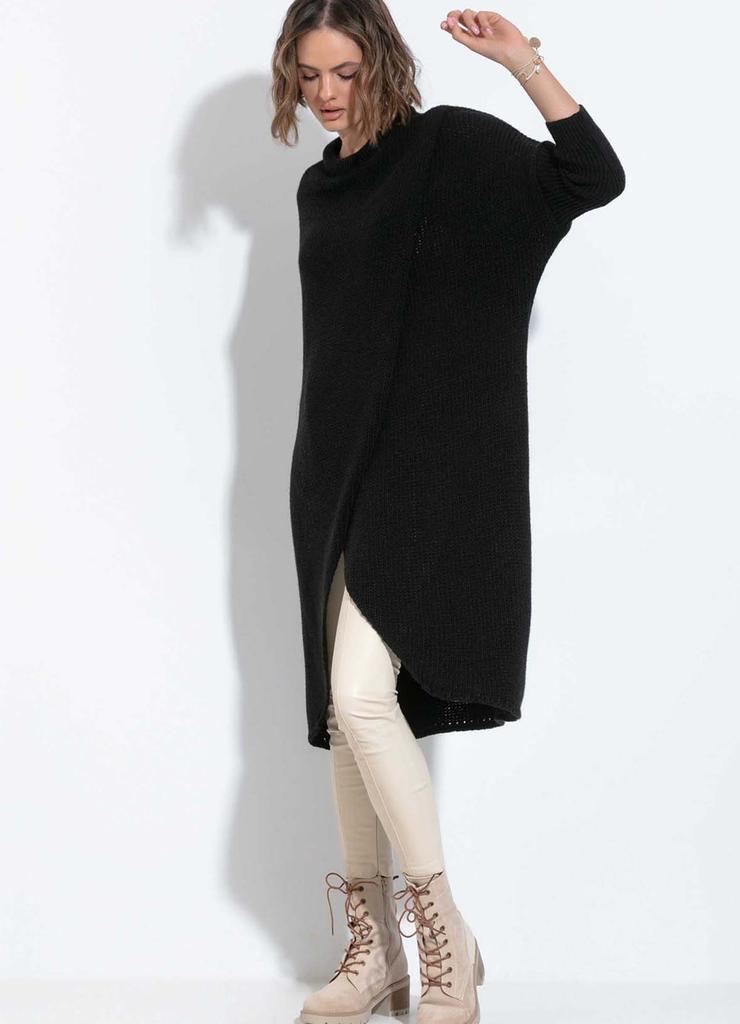 Długi sweter dzianinowy z rozcięciem - czarny