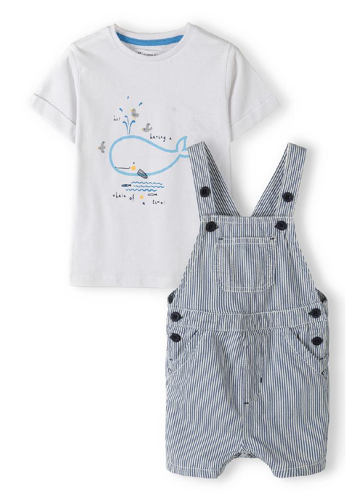 Komplet niemowlęcy bawełniany - biały t-shirt + ogrodniczki w paski