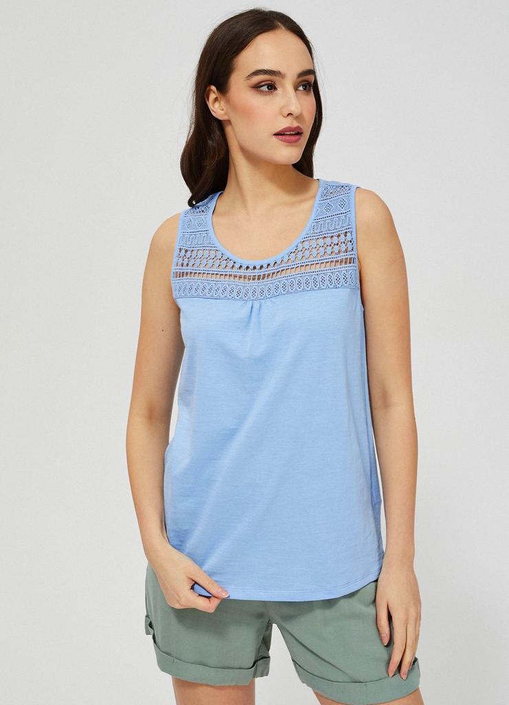 Bawełniany t-shirt damski z ażurowym wzorem - niebieska