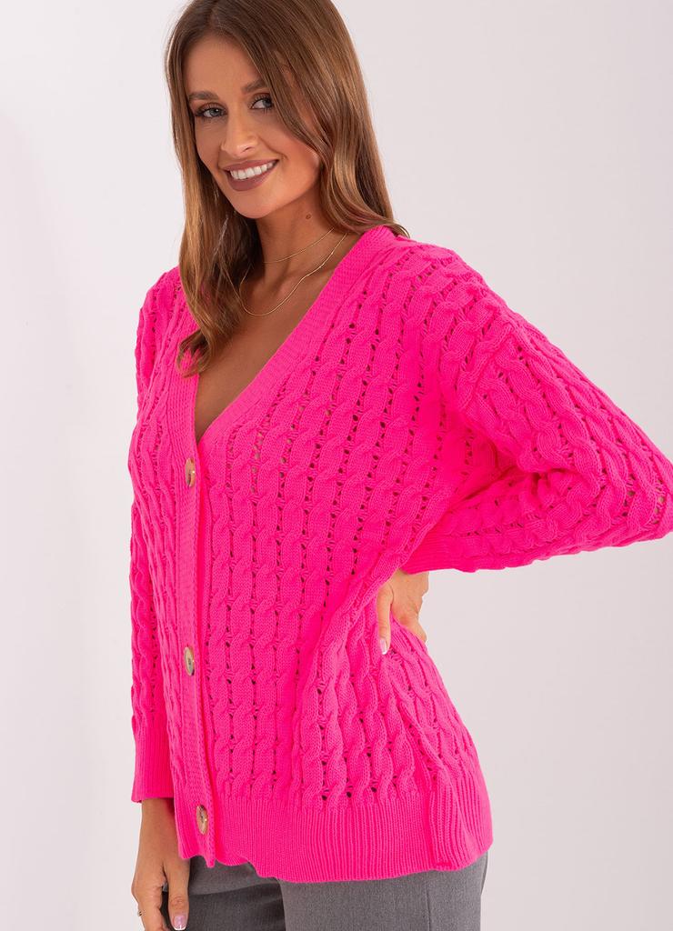 Damski sweter rozpinany z dodatkiem wełny fluo różowy
