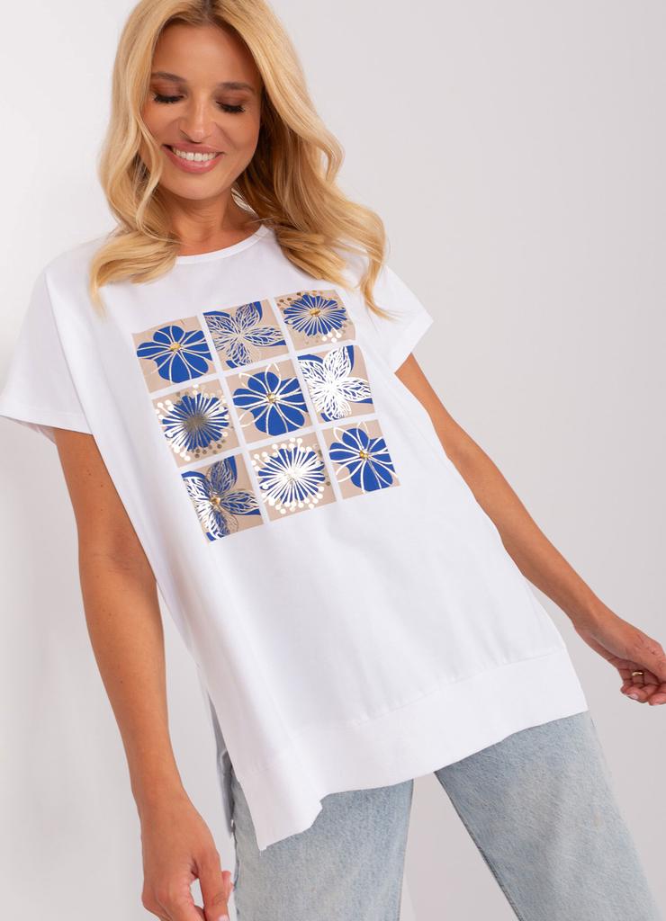 Biało-ciemnoniebieska damska bluzka z printem