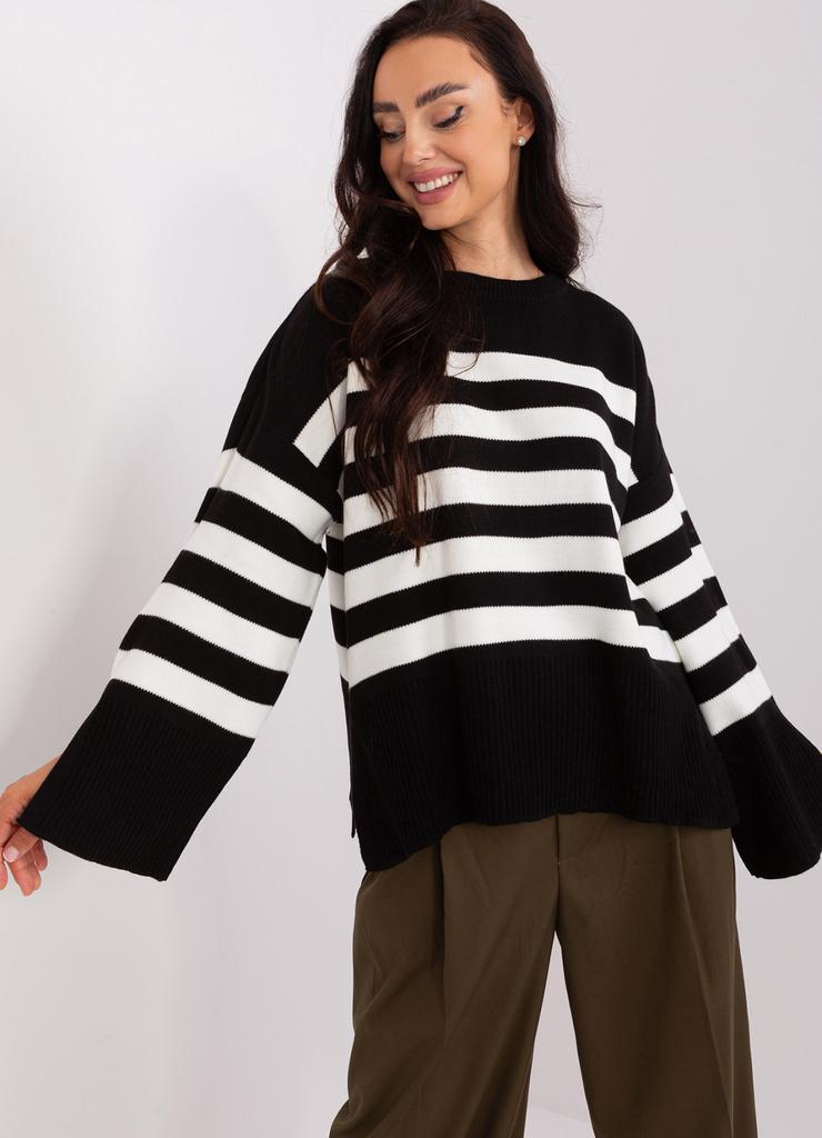 Czarny damski sweter oversize w paski