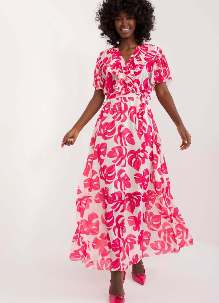 Damska sukienka letnia maxi z printem w różowe liście