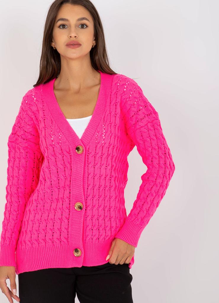Fluo różowy ażurowy sweter rozpinany z guzikami RUE PARIS