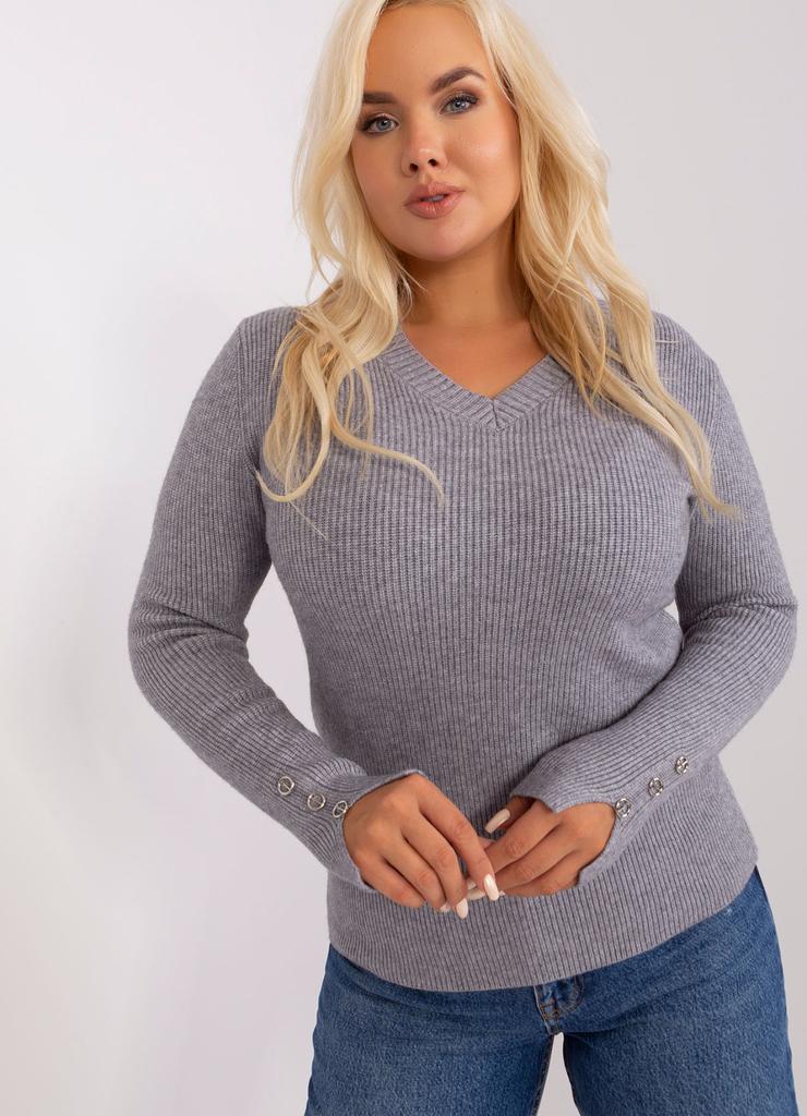 Szary damski sweter plus size z dekoltem V
