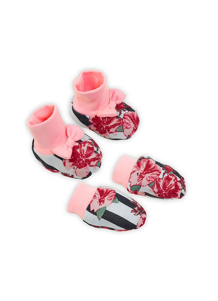 Komplet niemowlęcy w kwiaty i paski - rękawiczki + buciki - kolorowy