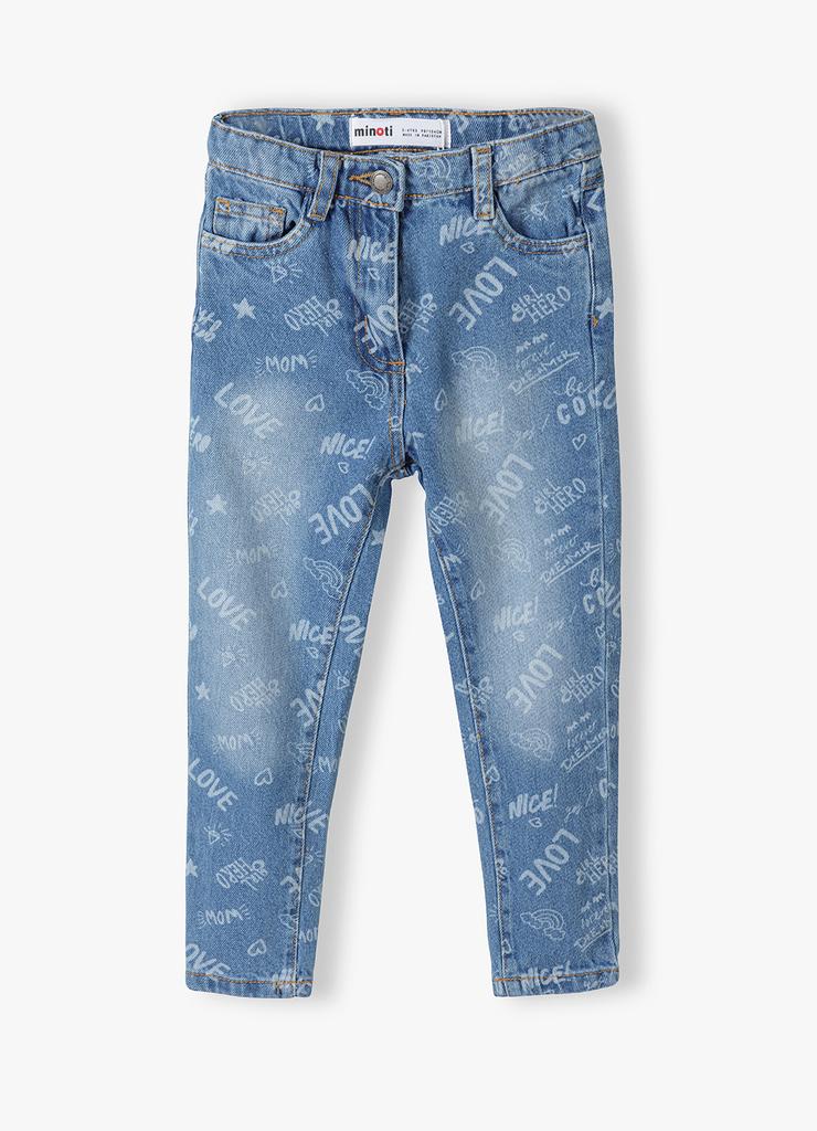 Jasnoniebieskie spodnie jeansowe niemowlęce z napisami