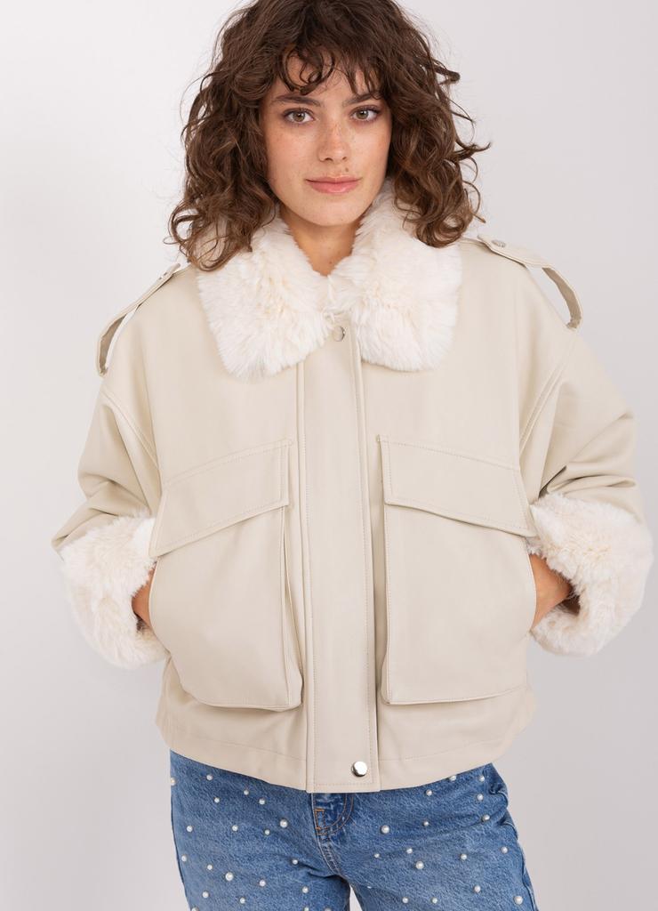 Jasnobeżowa damska kurtka zimowa z kieszeniami