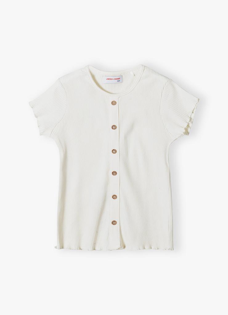 Biała koszulka dla dziewczynki w prążki z ozdobnymi guzikami