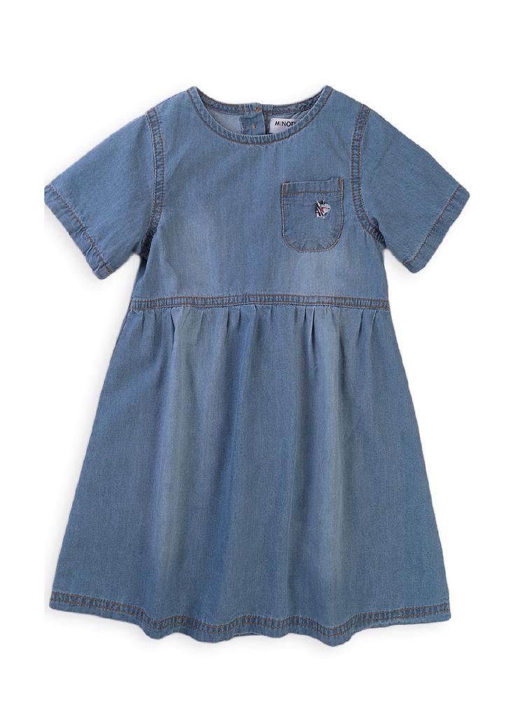 Jeansowa sukienka dla dziewczynki z krótkim rękawem oraz wyhaftowaną zebrą
