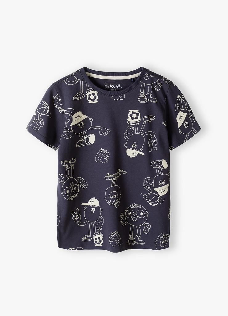Bawełniany t-shirt dla chłopca - granatowy z nadrukami - 5.10.15.