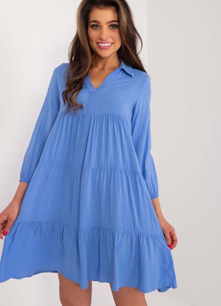 Niebieska sukienka damska z falbaną SUBLEVEL długi rękaw