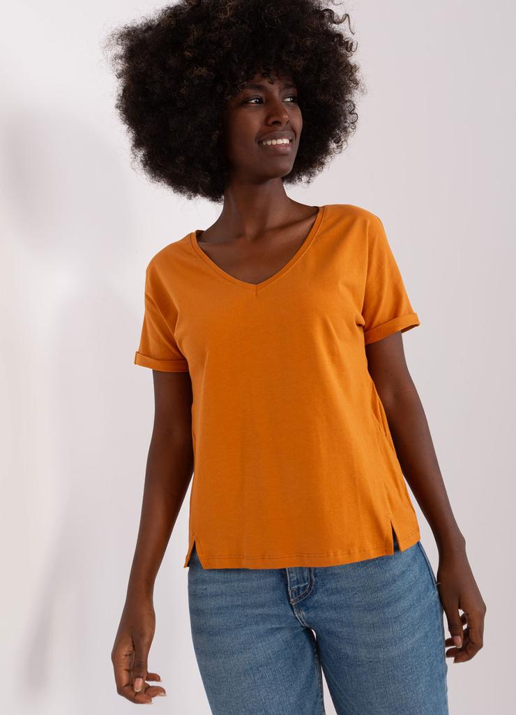 Jasnopomarańczowy damski t-shirt basic z rozcięciami