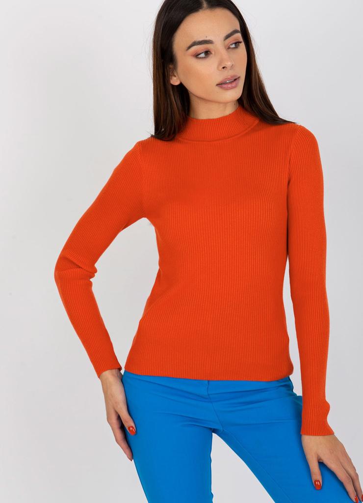 Pomarańczowy gładki sweter z półgolfem w prążki