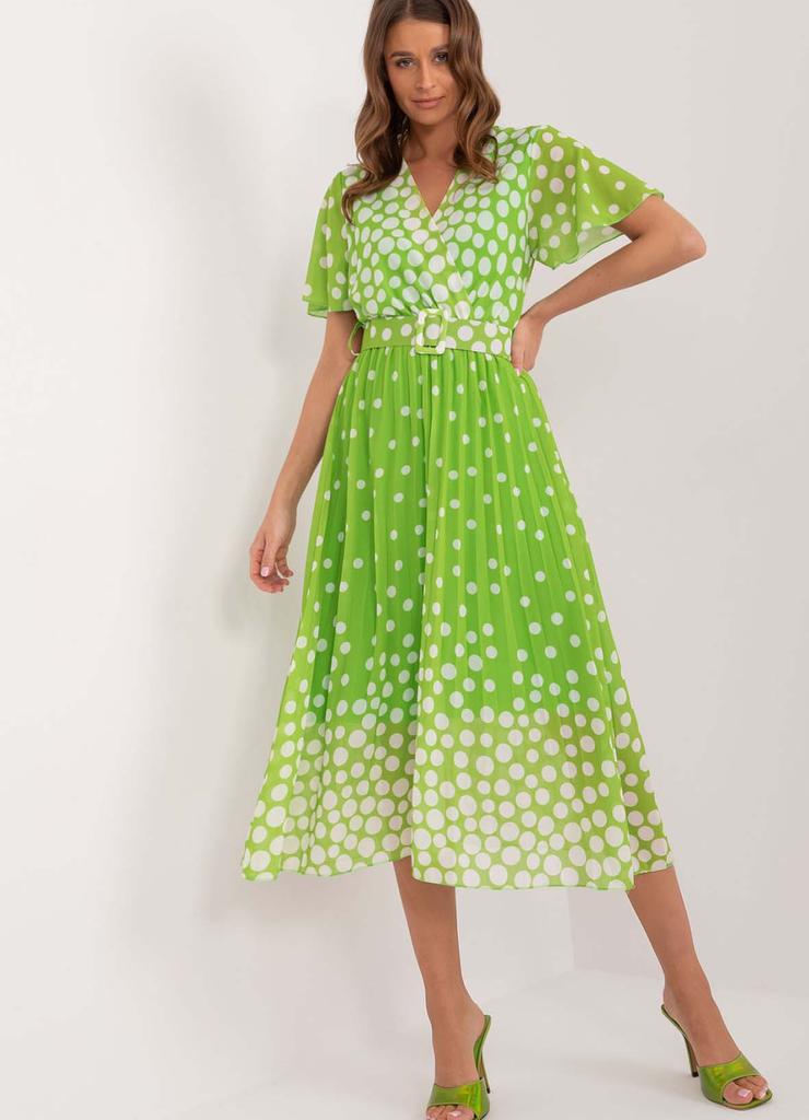 Wzorzysta sukienka z paskiem jasno zielona
