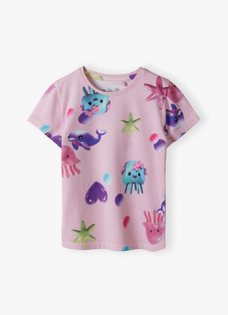 Różowy t-shirt dziewczęcy na lato - kolorowe nadruki - 5.10.15.