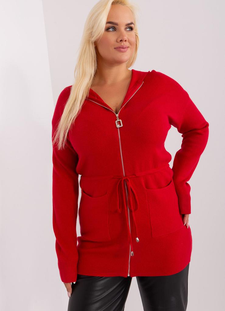 Czerwony rozpinany sweter damski plus size ze ściągaczem