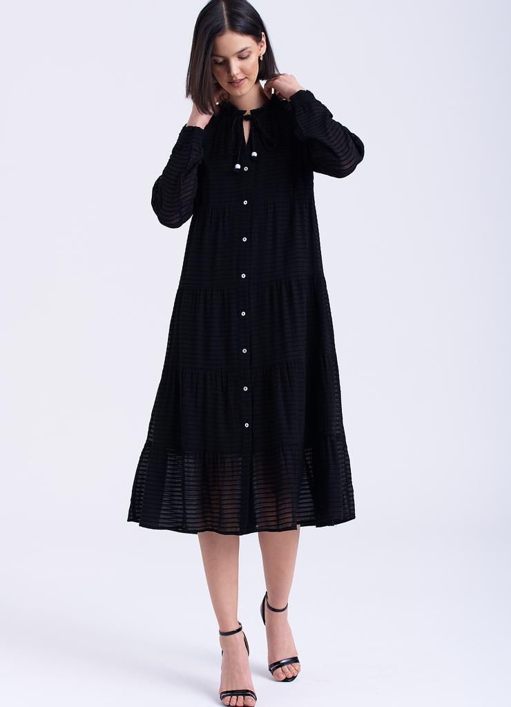 Midi sukienka z tkaniny w paski czarna