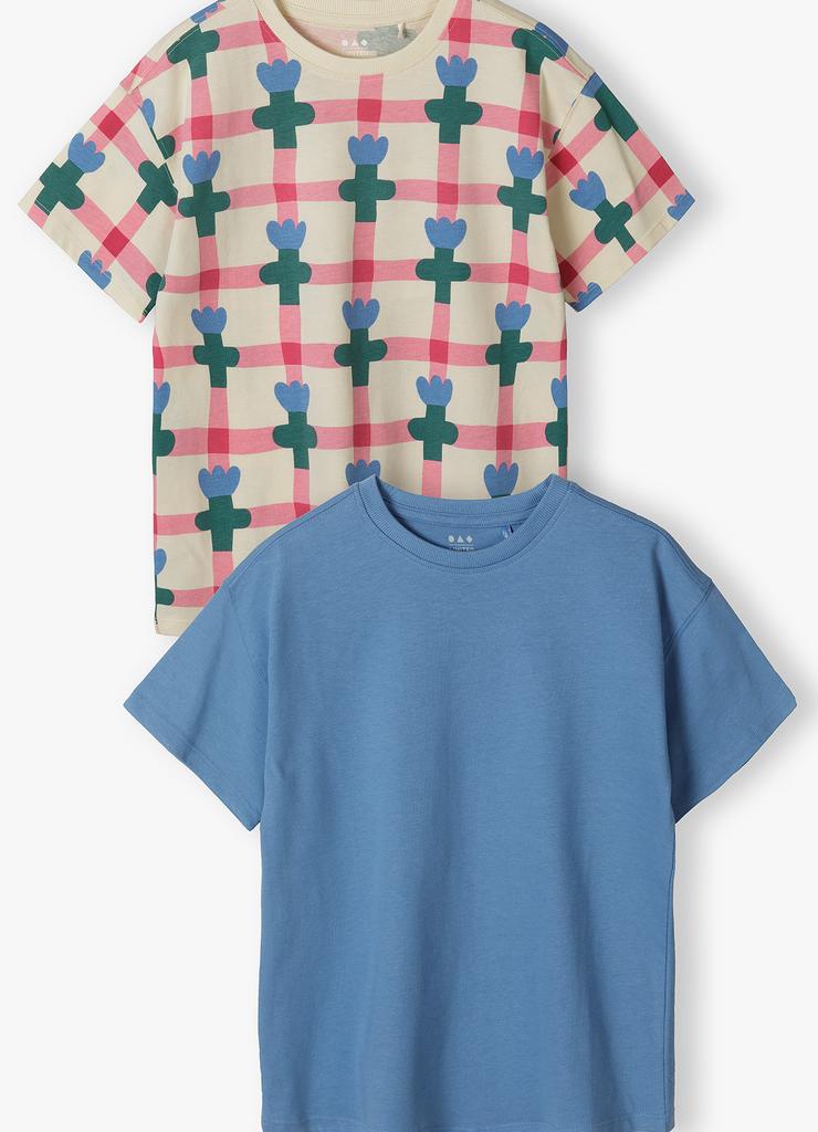 2pak kolorowych t-shirtów dla dziewczynki - niebieski i ecru w kwiatki - Limited Edition