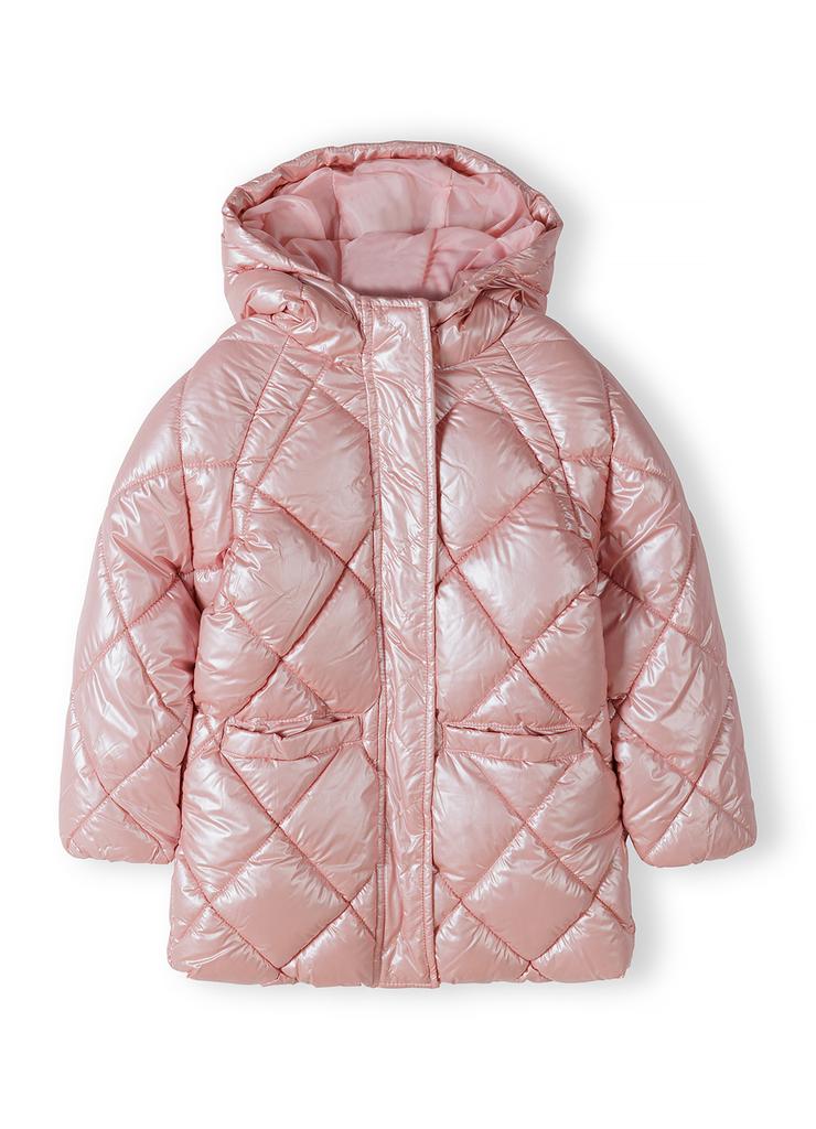 Metaliczny pikowany ocieplany płaszcz z kapturem dla dziewczynki- różowy