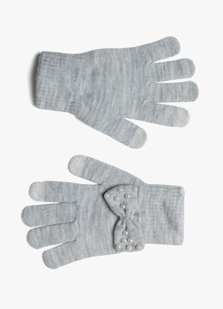 Rękawiczki dziewczęce na zimę - szare z kokardką
