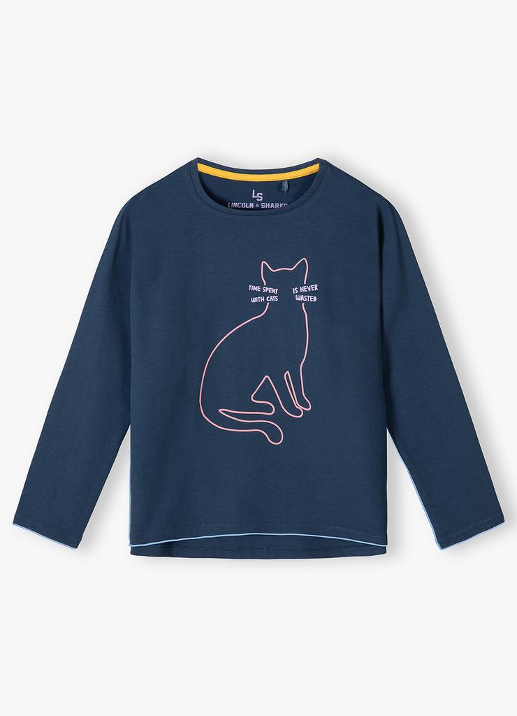 Bawełniana bluzka dla dziewczynki z kotkiem