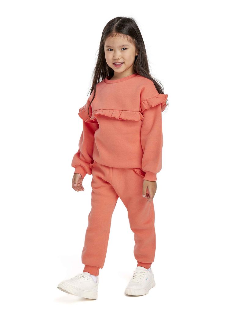 Pomarańczowe spodnie dresowe dziewczęce z falbanką - Minoti