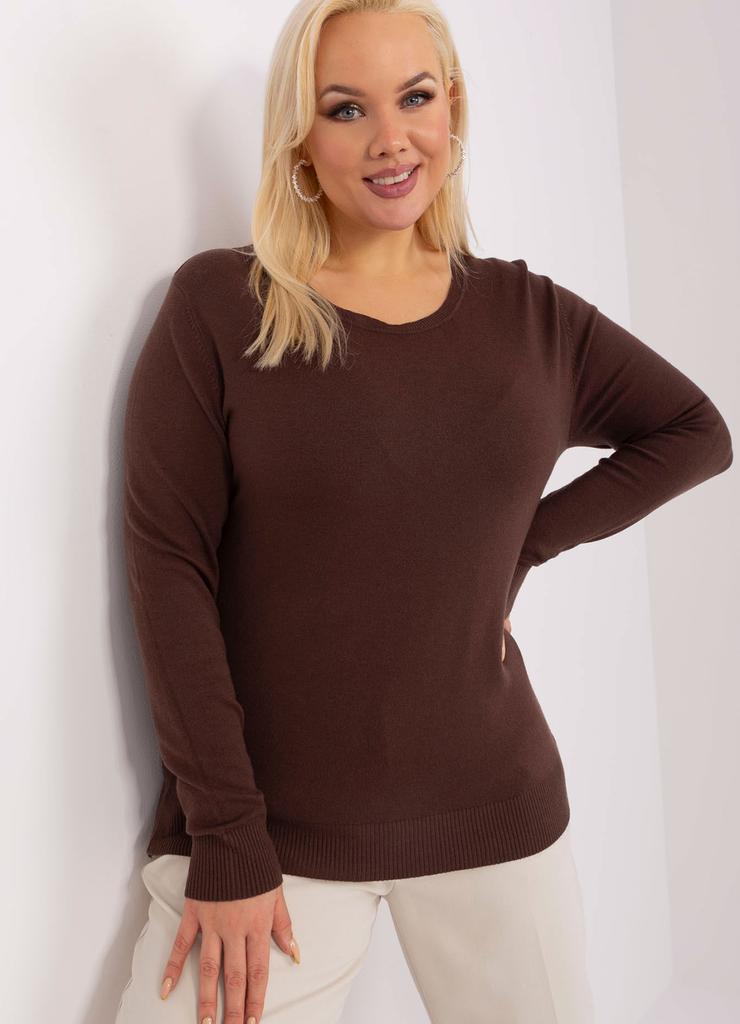 Gładki sweter plus size z długim rękawem brązowy