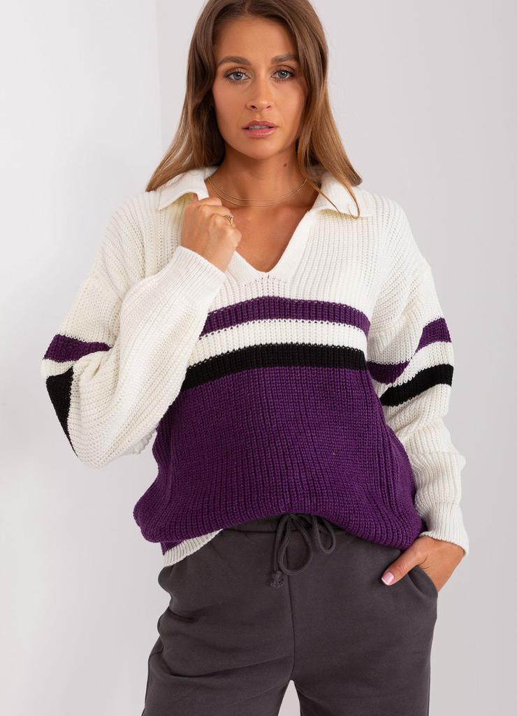 Ecru-fioletowy sweter oversize z kołnierzem
