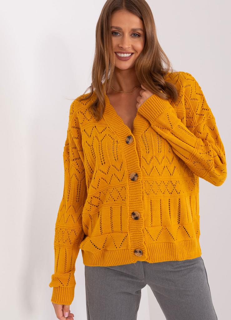 Damski sweter rozpinany z wełną ciemny żółty