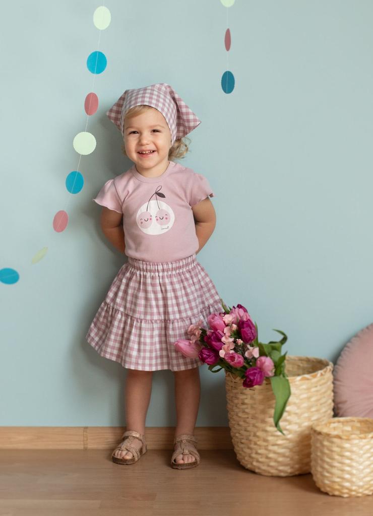 Spódniczka dziewczęca z tkaniny bawełnianej w różowo-białą kratkę