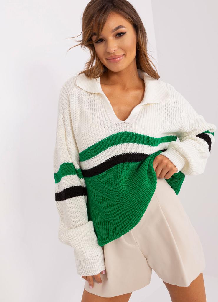 Ecru-zielony sweter oversize z wełną