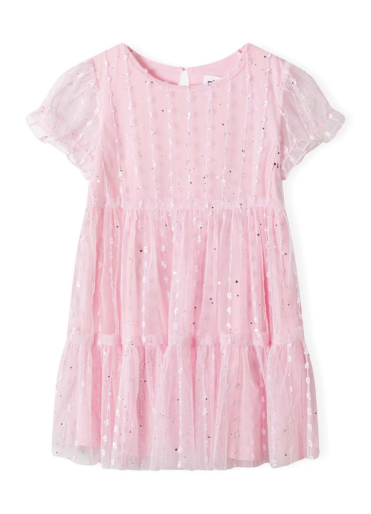 Tiulowa różowa sukienka z błyszczącymi elementami