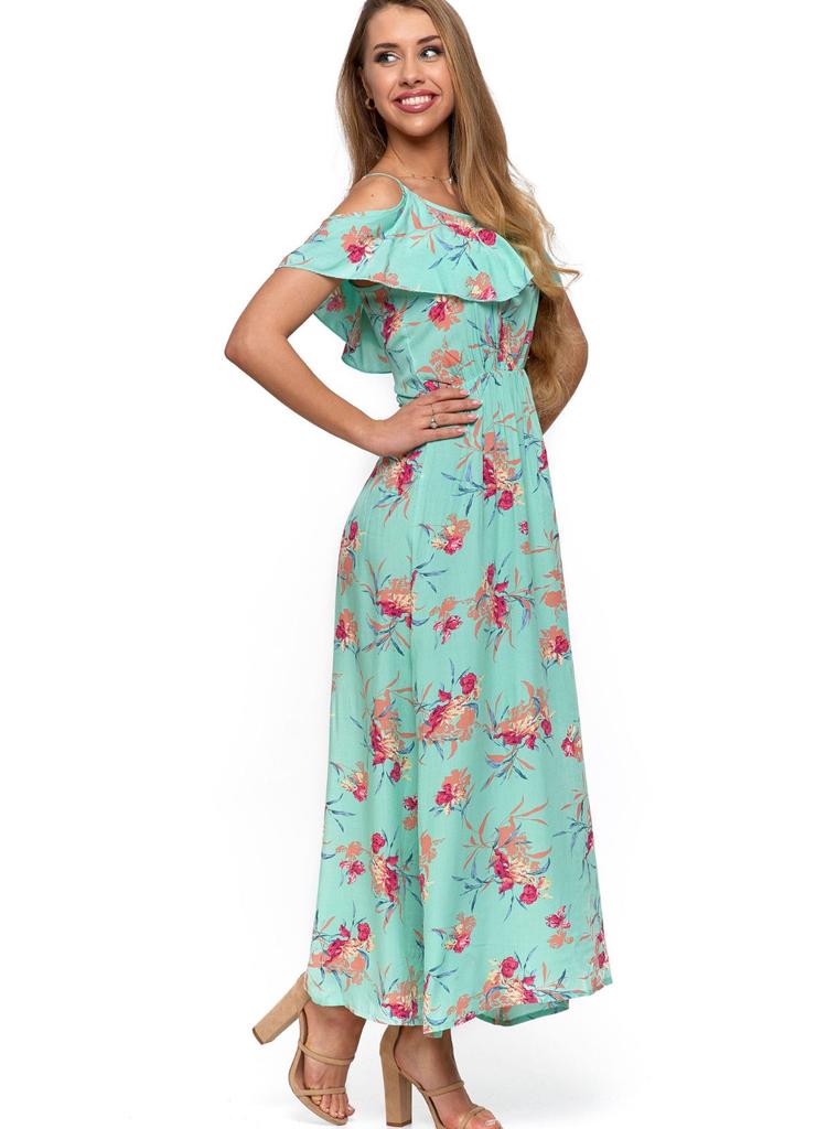 Długa sukienka damska typu hiszpanka - zielona w kwiaty