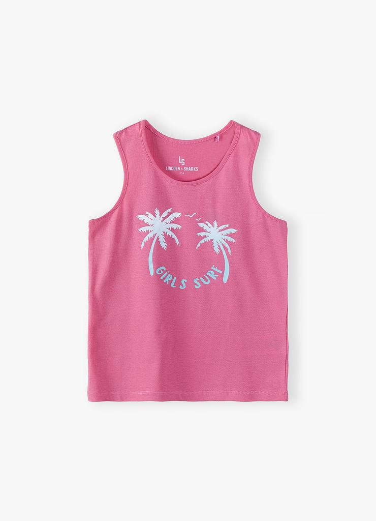 Bawełniany T-shirt bez rękawów z miękką grafiką dla dziewczynki - różowy