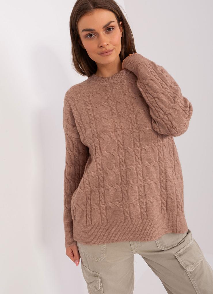 Ciemnobeżowy damski sweter z warkoczami