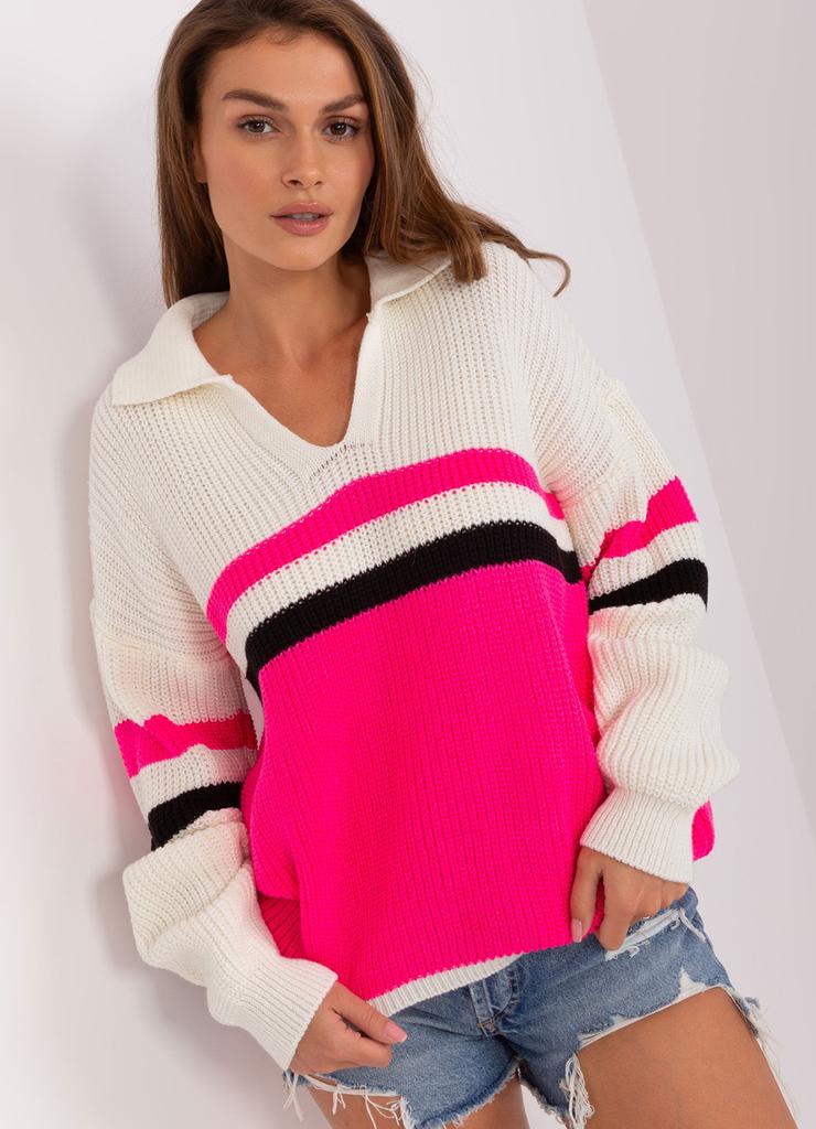 Ecru-fluo różowy sweter oversize z kołnierzem