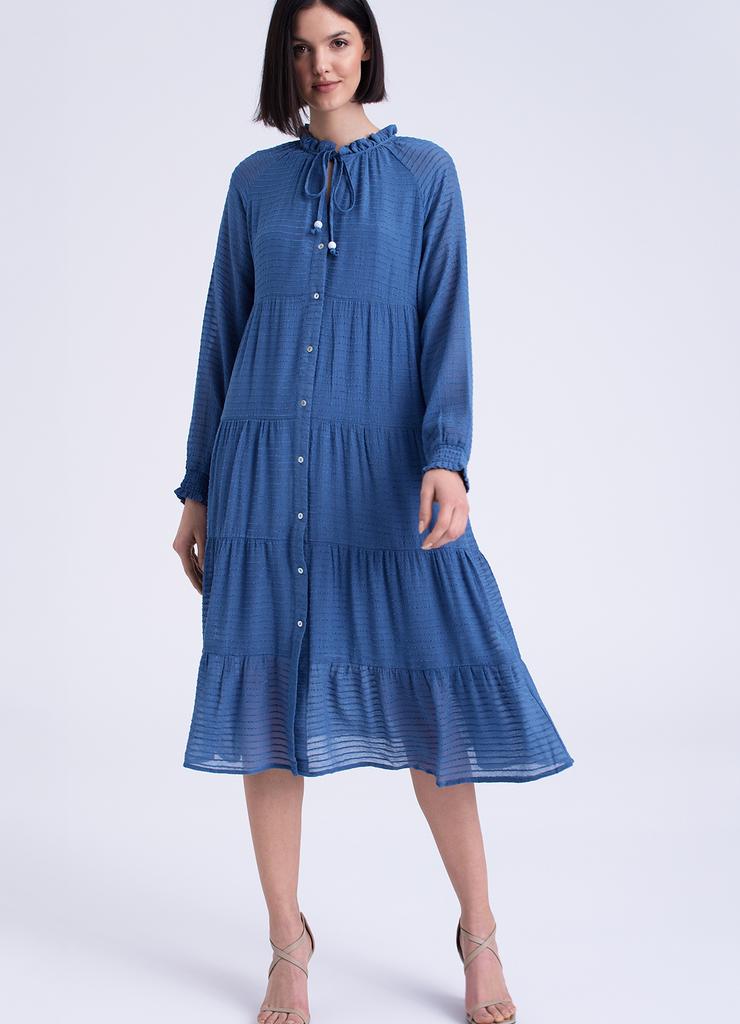 Midi sukienka z tkaniny w paski niebieska