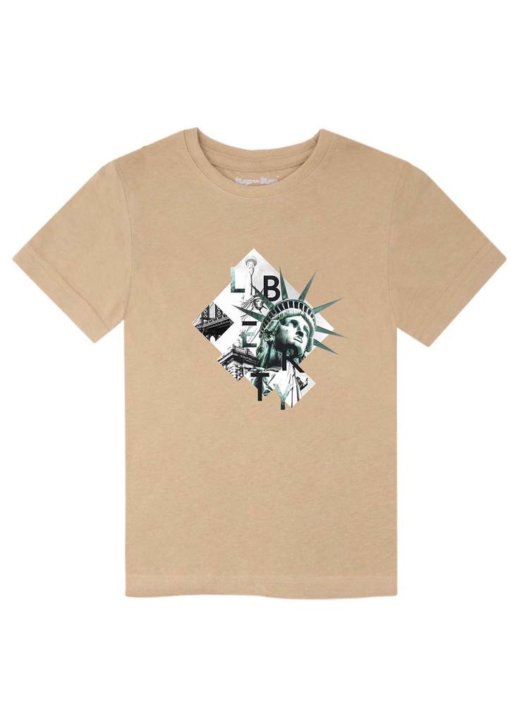 Beżowy t-shirt chłopięcy z bawełny Tup Tup Statua Wolności