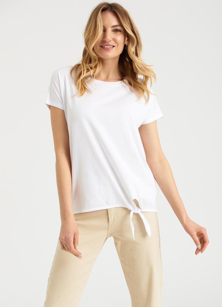 T-shirt damski z ozdobnym wiązaniem biały