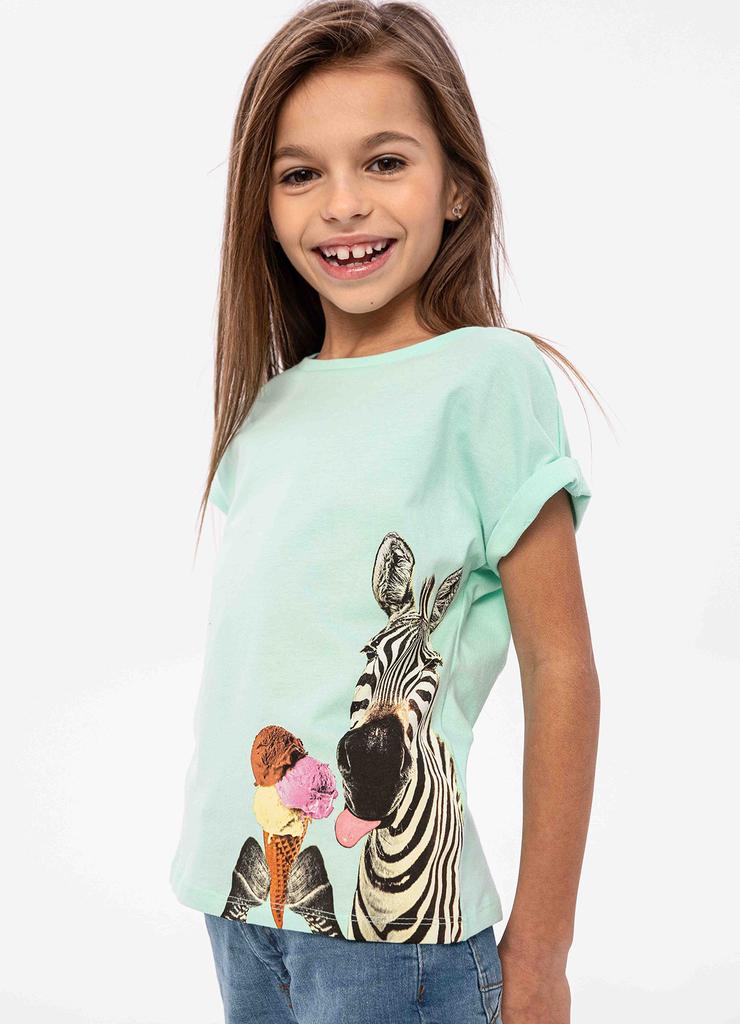 Błękitna koszulka bawełniana dziewczęca z nadrukiem żyrafy