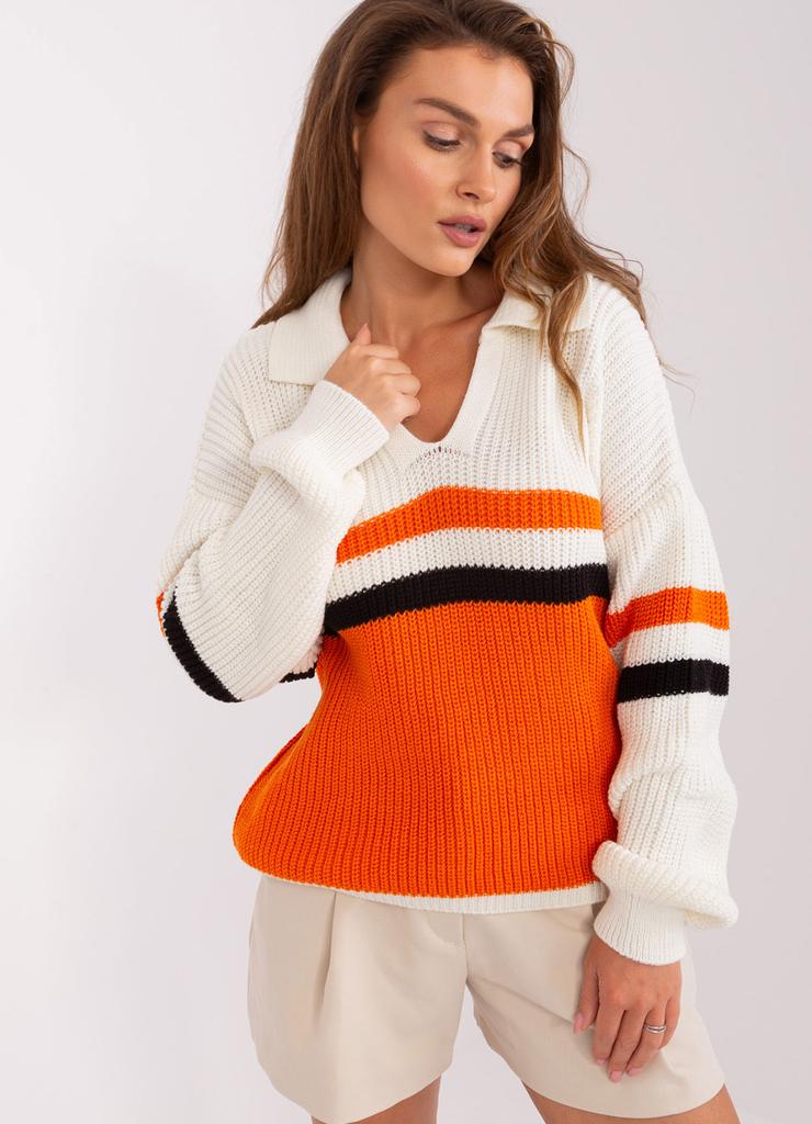 Ecru-pomarańczowy sweter oversize z wełną