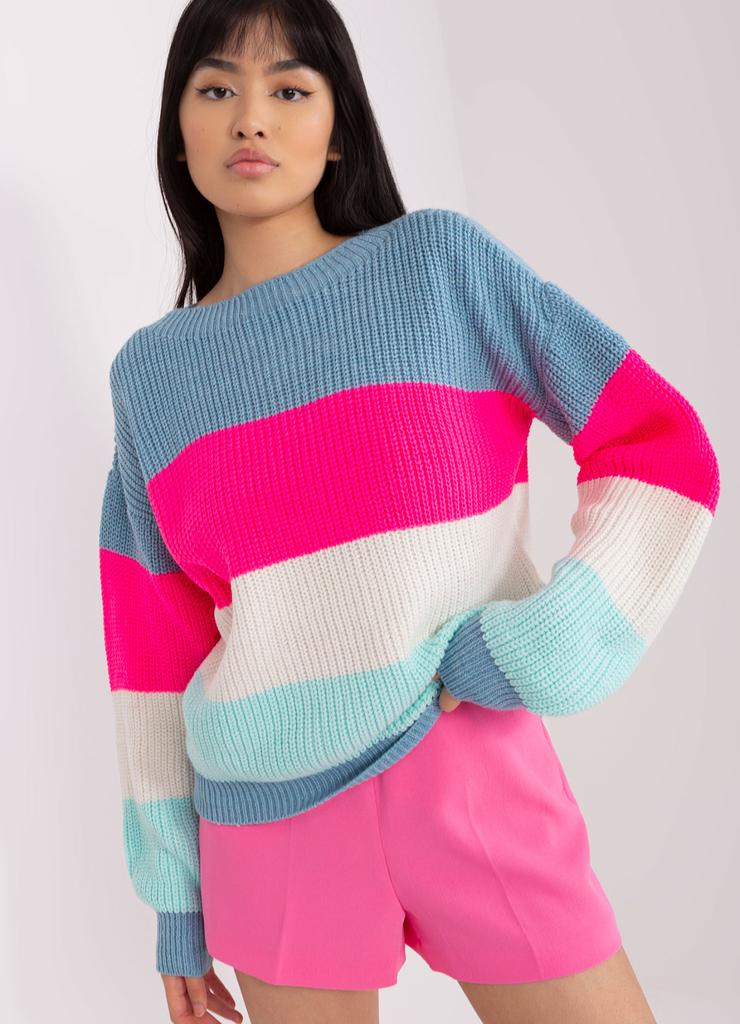 Niebiesko-fluo różowy sweter oversize z wełną