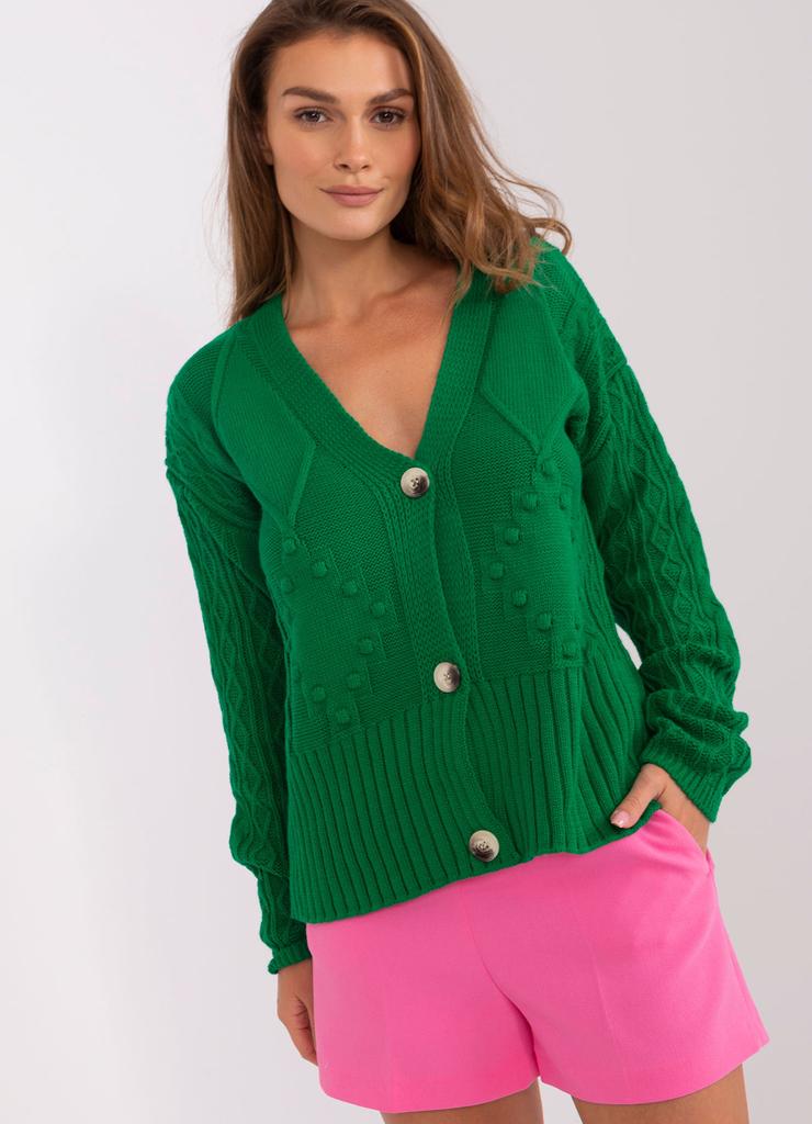 Zielony damski sweter rozpinany w warkocze