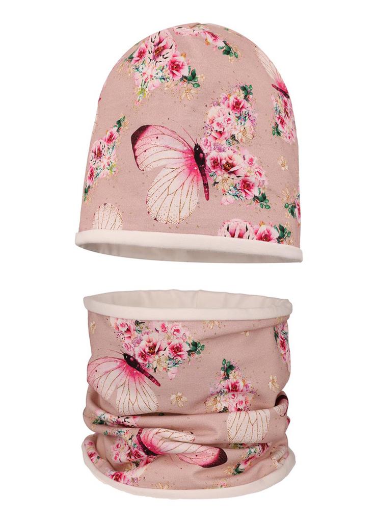 Dziewczęcy bawełniany komplet w kwiatowy wzór czapka + komin pudrowy