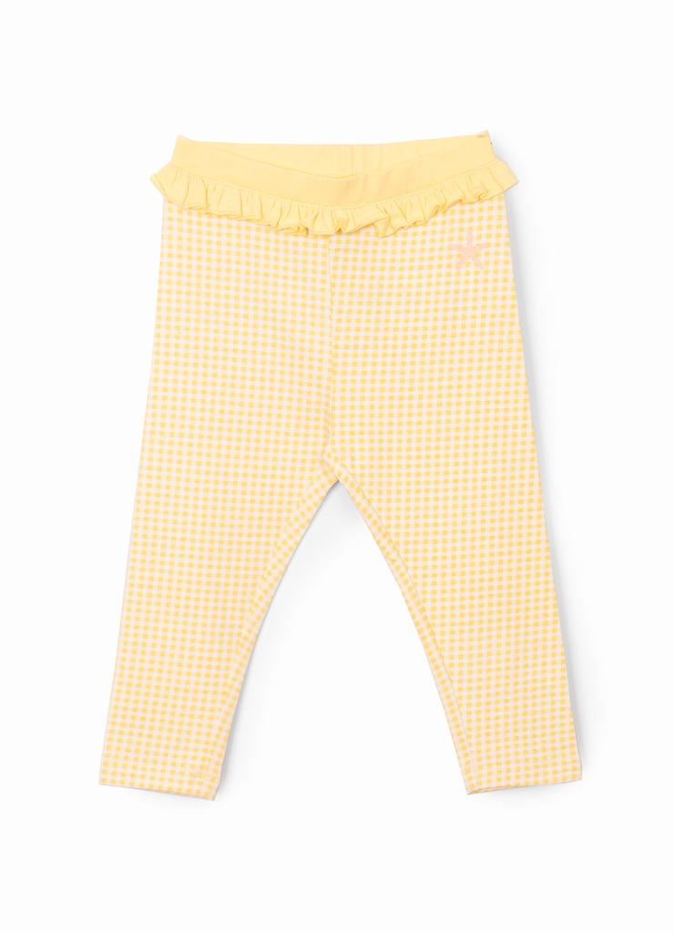 Spodnie dziewczęce sportowe z falbanką - żółte w kratkę