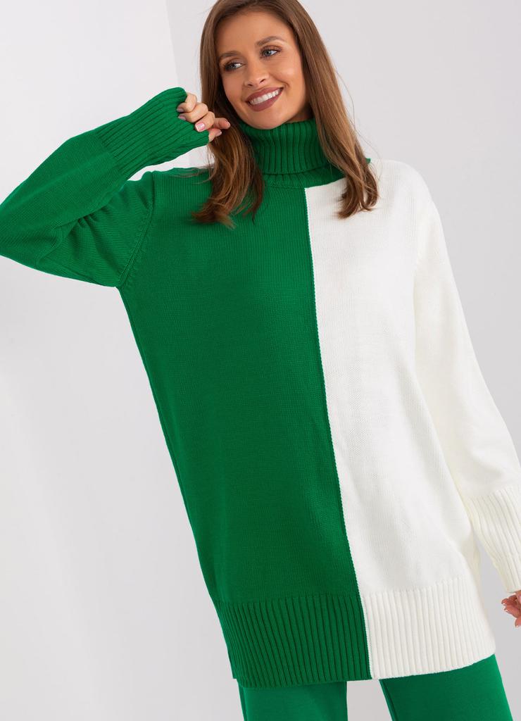 Sweter damski z golfem - zielono - biały