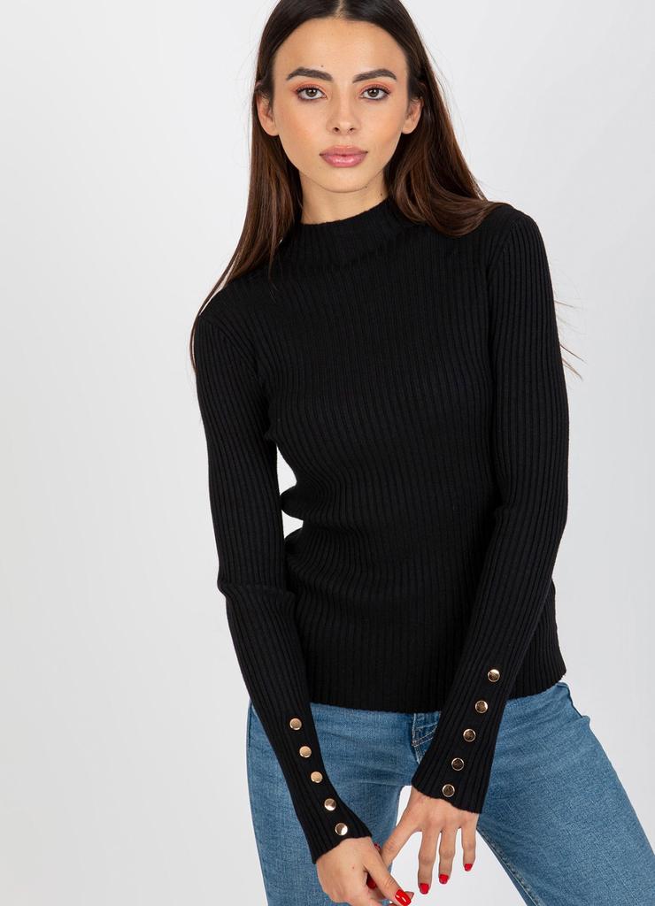 Czarny gładki sweter ze stójką w prążek