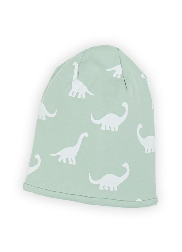 Oliwkowa czapka beanie niemowlęca z bawełny- białe dinozaury