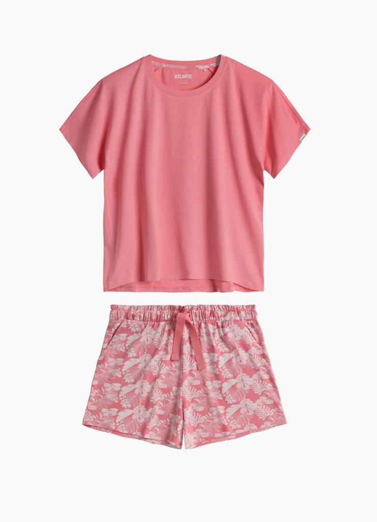 Piżama damska bawełniana - t-shirt i krótkie spodenki w kwiatki - różowa - Atlantic